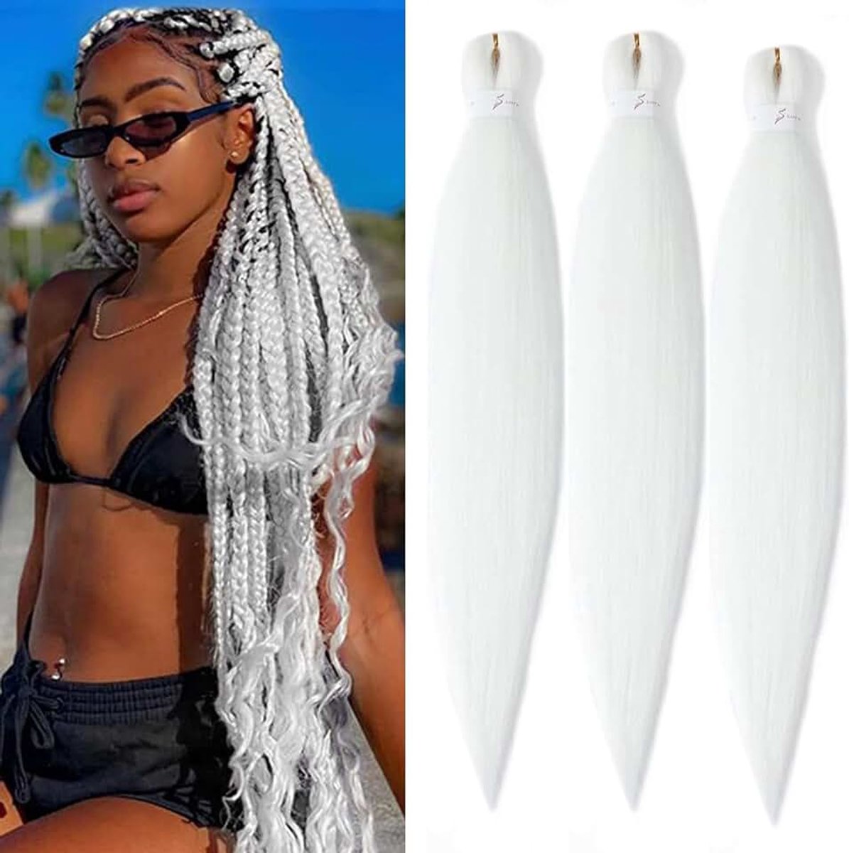 Braiding Hair 3 stuks Voorgestreken vlecht haar haarextensions Yaki EZ Voorgestreken vlecht haar kunsthaar haarverlengingen haardeel, Wit
