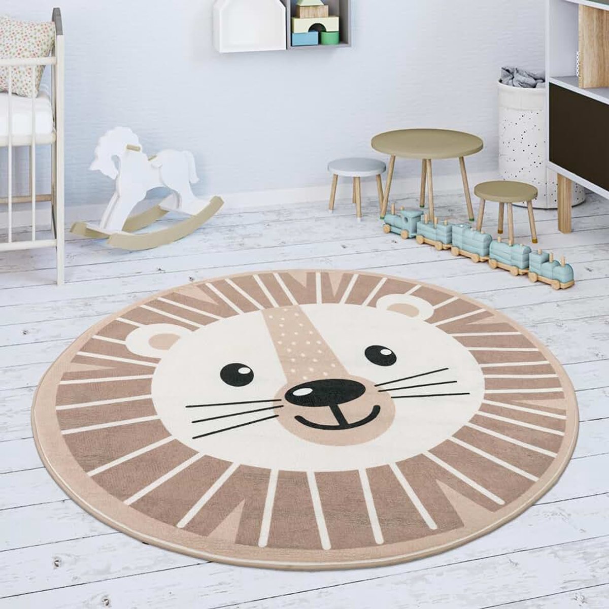 Home Kindervloerkleed Rond Kinderkamer Jongen Meisje Leeuw Motief Beige Wit, Maat:Ø 80 cm rondje