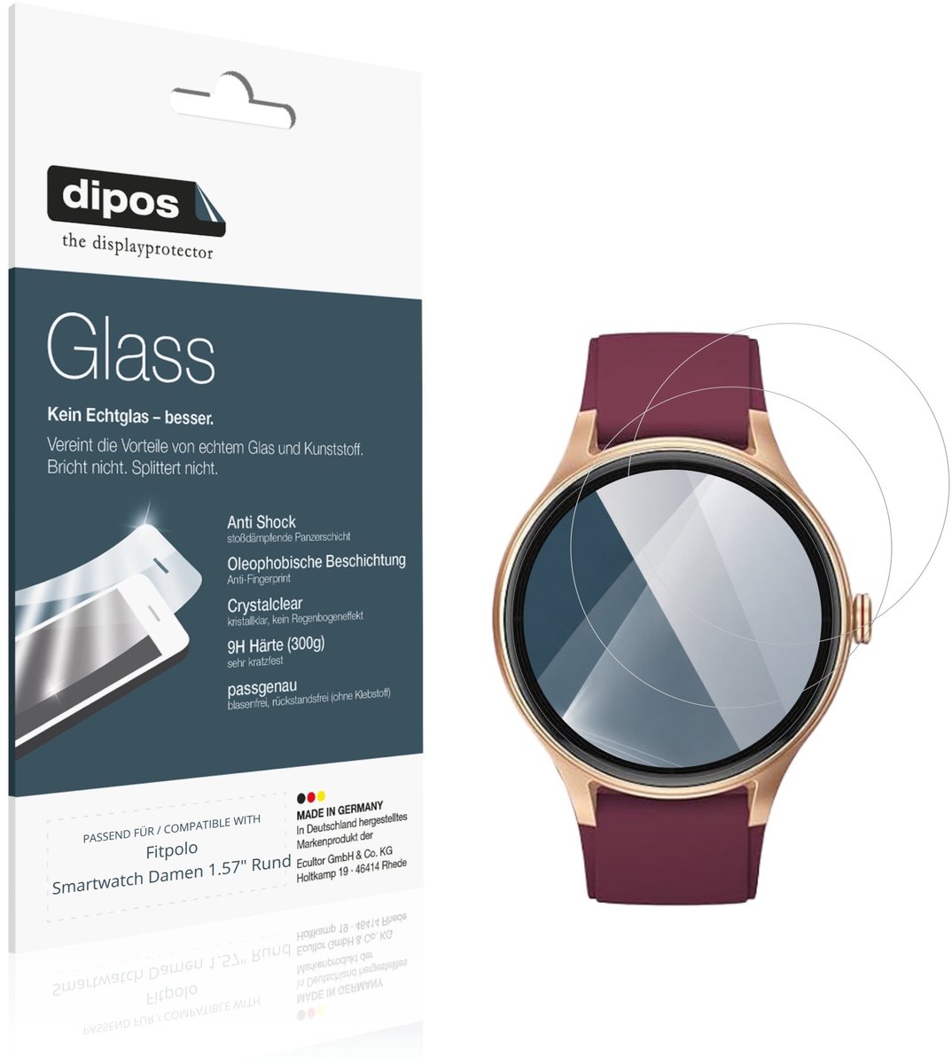 dipos – 2x Pantserfolie geschikt voor Fitpolo Smartwatch Damen 1.57" Rund | 9H Screenprotector