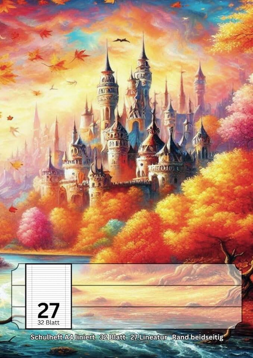 Blatt, liniert, mit durchgängigen Randlinien, Lineatur 27, Notizheft: Schloss im Herbstwald Spezial Design-Cover