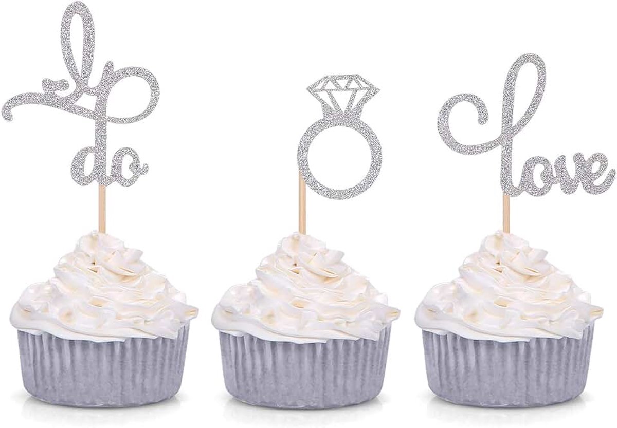 Set van 24 zilveren glitter liefde diamanten ring I Do Cupcake toppers voor bruiloft bruids douche verloving feest plectrums