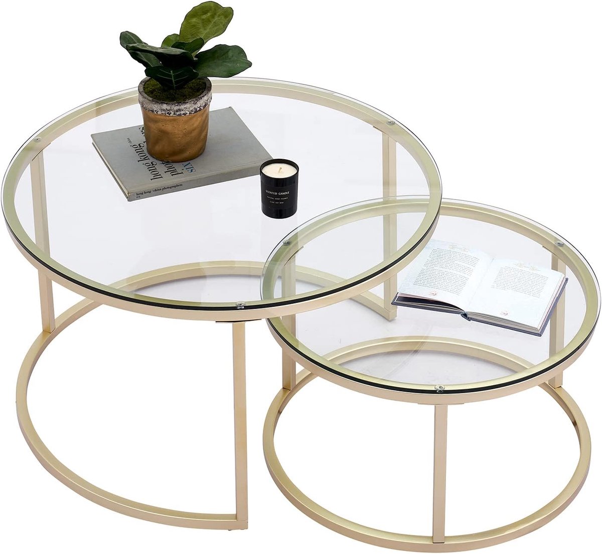Hitsuki Gouden salontafel, glas, set van 2 met 1 grote tafel rond en 1 klein tafeltje, bijzettafel rond van metalen frame, woonkamertafel, modern