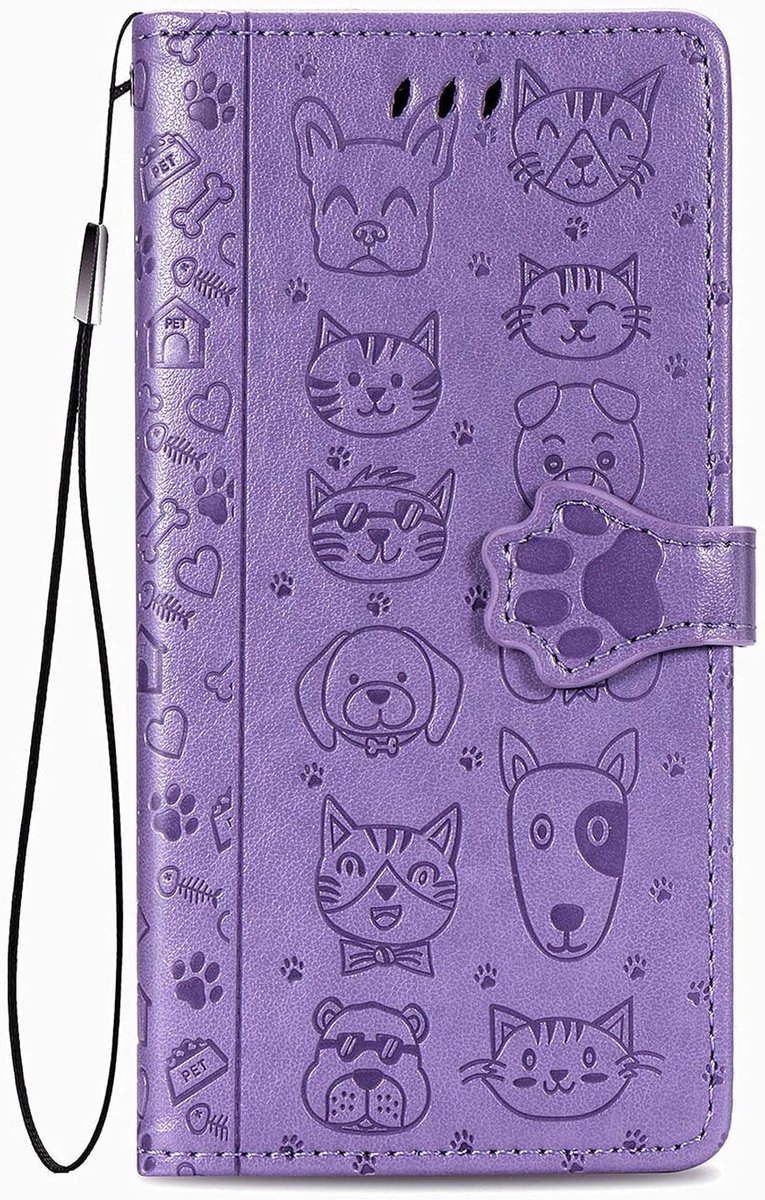 Beschermhoesje voor iPhone 12 Pro/iPhone 12, leren klaphoes met kaartsleuf, magneetsluiting, [hondenkattenpatroon], stootvaste beschermhoes voor iPhone 12 Pro, paars