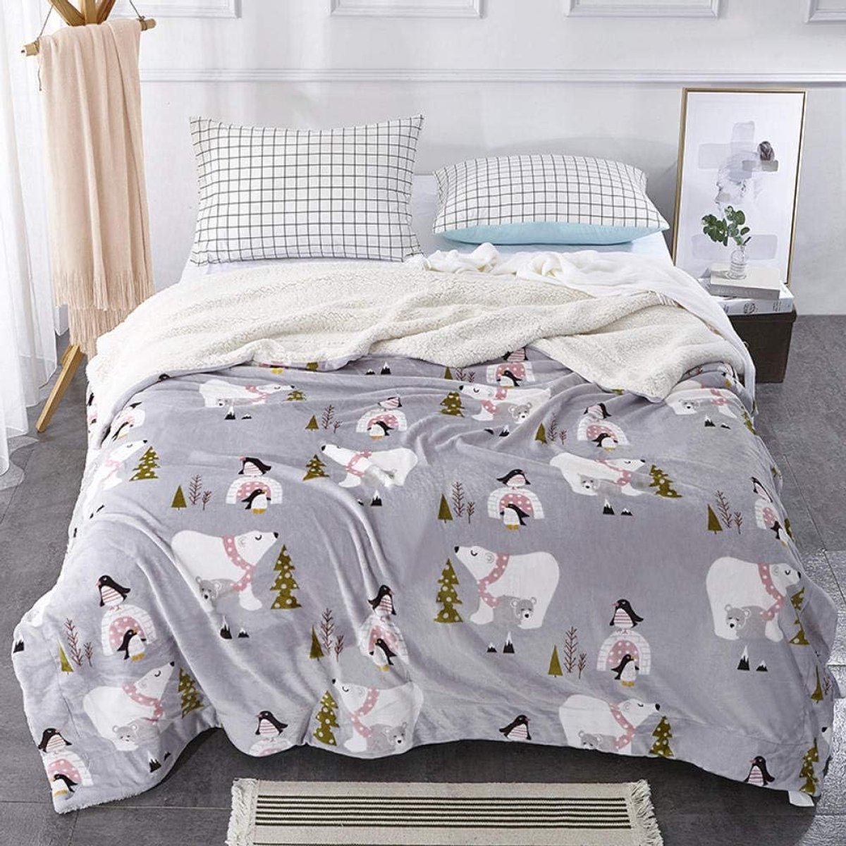 Fleece werpdekens Reisformaat - Superzachte donzige warme stevige bedspreien voor bank Microfiber deken -Polar Bear-grijs_200 * 230 cm