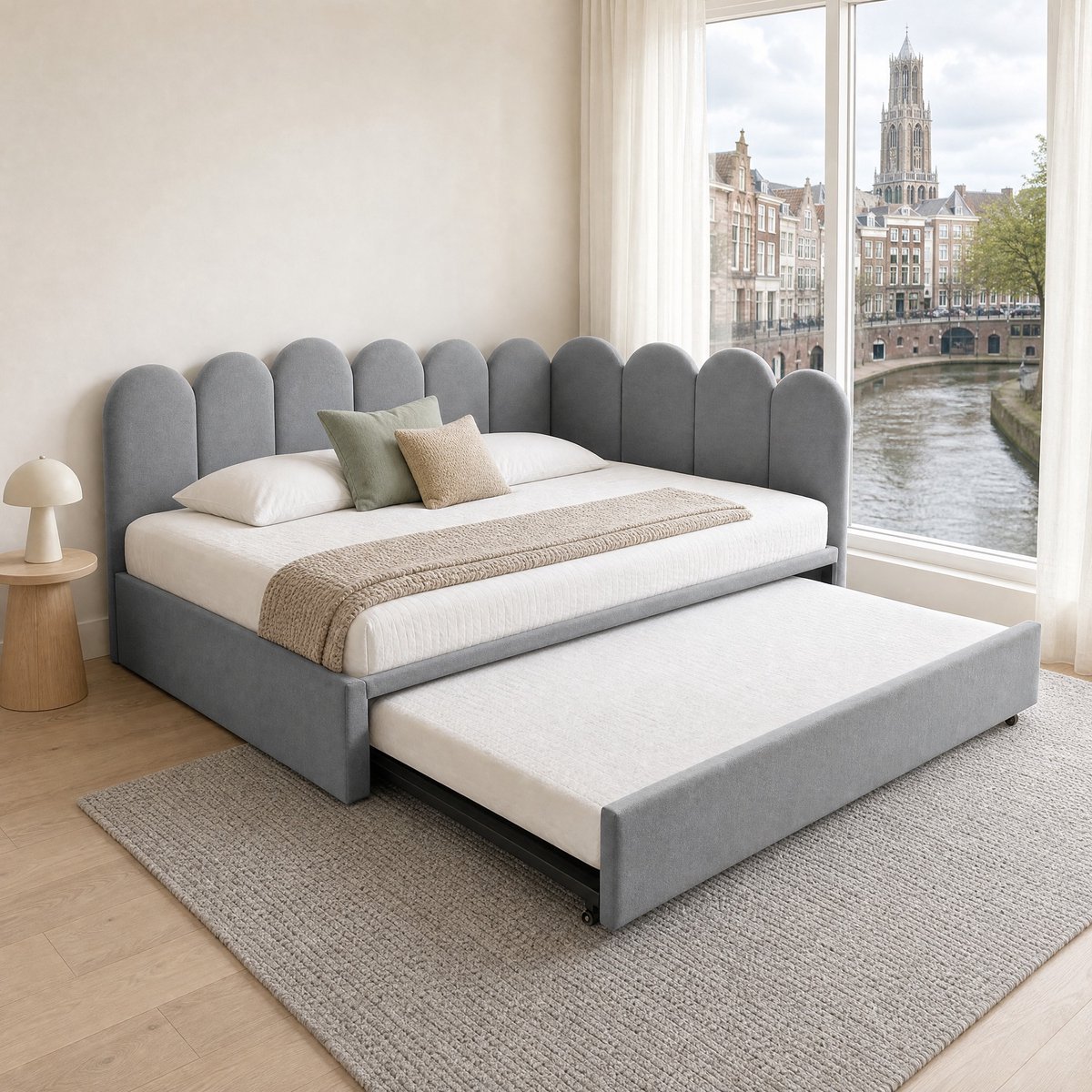 WUVRIE Bedbank 90x200 cm met uitschuifbed 90x190 cm, lattenbodem, velours bekleding, grijs, zonder matras