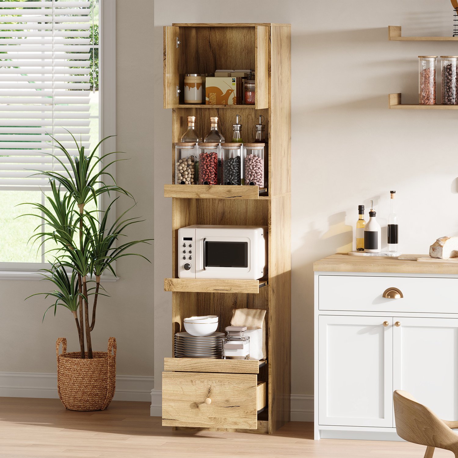 MODENUIT Keukenkast - 2 Deuren En 1 Lade - Voor Keuken En Eetkamer - MDF - 50x45x200 Cm - Naturel