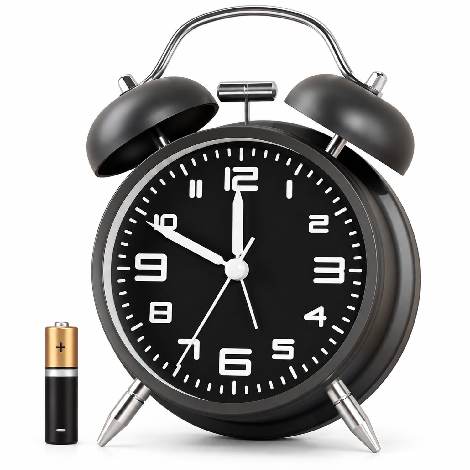wekker - 4 inch met grote cijfers - stil sweep-uurwerk - dubbele bellen en twee steunpoten - zwart