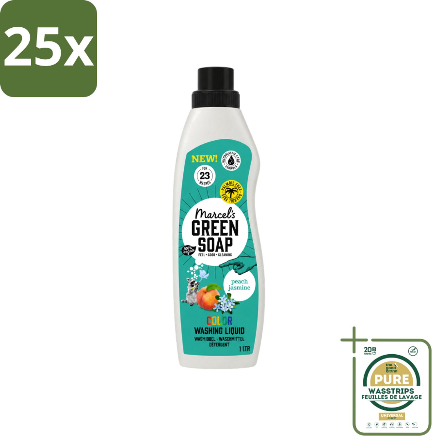 25 x Marcel's Green Soap - Vloeibaar Wasmiddel - Kleur - Perzik & Jasmijn - Effectief & natuurlijk - 23 Wasbeurten - 1 liter - Wasstrips - Wasmiddel - Geur Perzik En Jasmijn - Kleur Wasgoed - Duurzaam Wasmiddel - Palmolievrij
