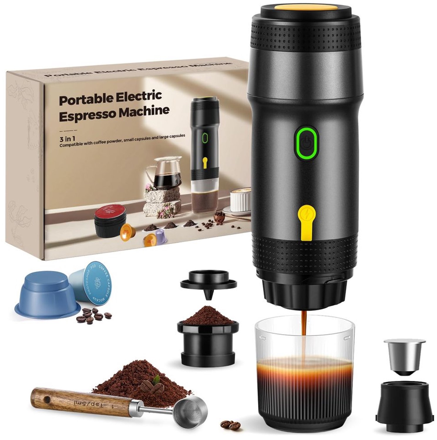3-in-1 Draagbare Espresso Machine met 20BAR Druk (Zwart)