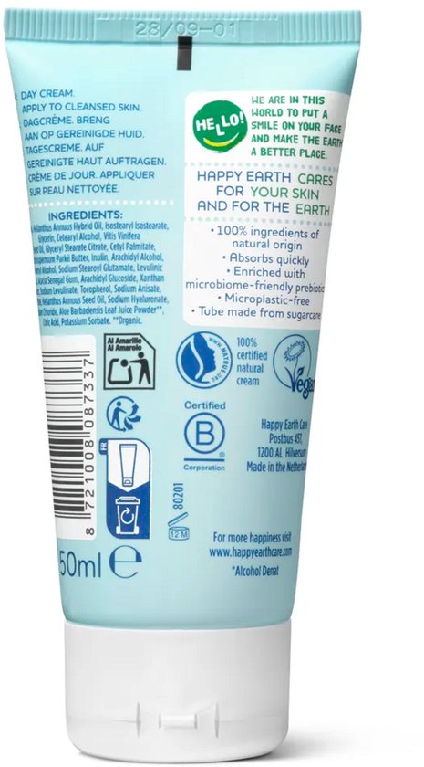 Achterkant van Happy Earth dagcrèmetube met ingrediëntenlijst, 0% parfum en 100% natuurlijke claims.