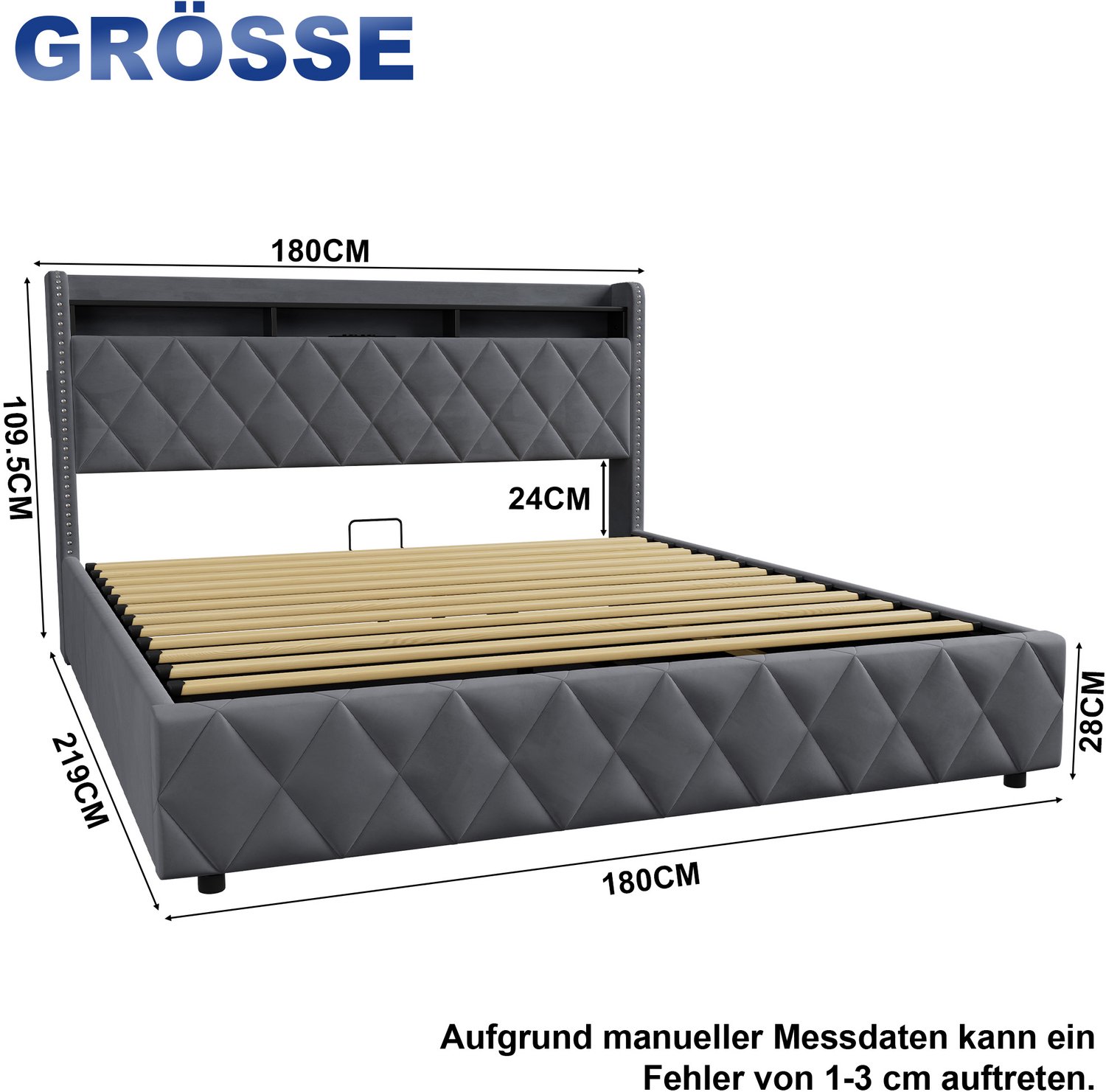 HAUSS SPOLE Gestoffeerd Bed 180x200cm - Met USB-Aansluitingen, Ledverlichting En Hydraulische Opbergruimte - Zonder Matras - Fluweel - Donkergrijs