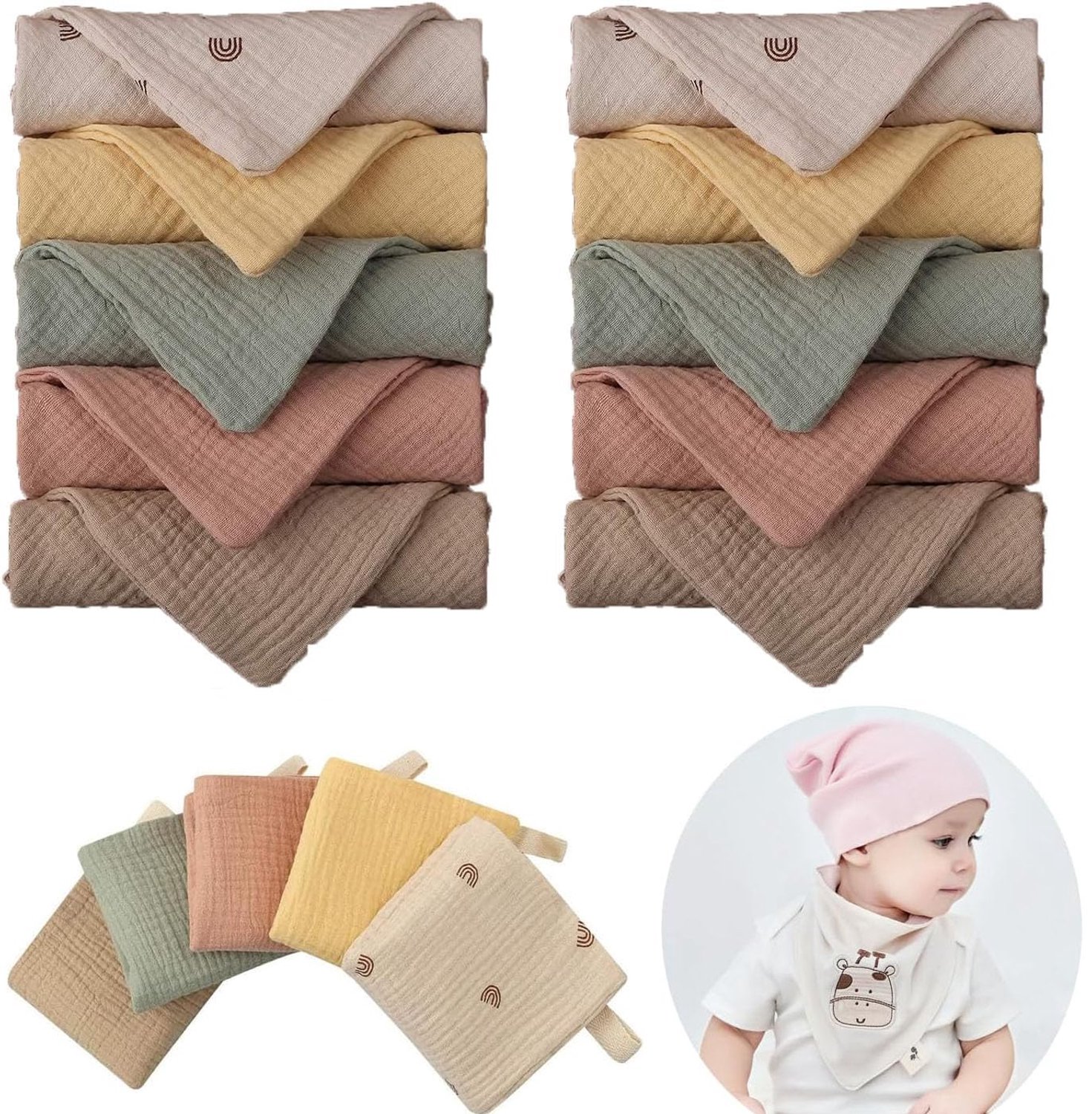 Mousseline Handdoeken 10 Stuks - Babyhanddoek met Capuchon - 23 x 23 cm - 100% Katoen - Zacht en Dik - Sterke Wateropname