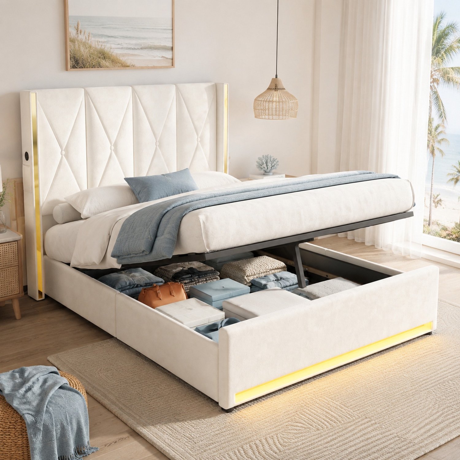 WUVRIE Gestoffeerd opbergbed 160x200 cm - Hydraulische bedbodem, USB, Type-C en LED - Beige