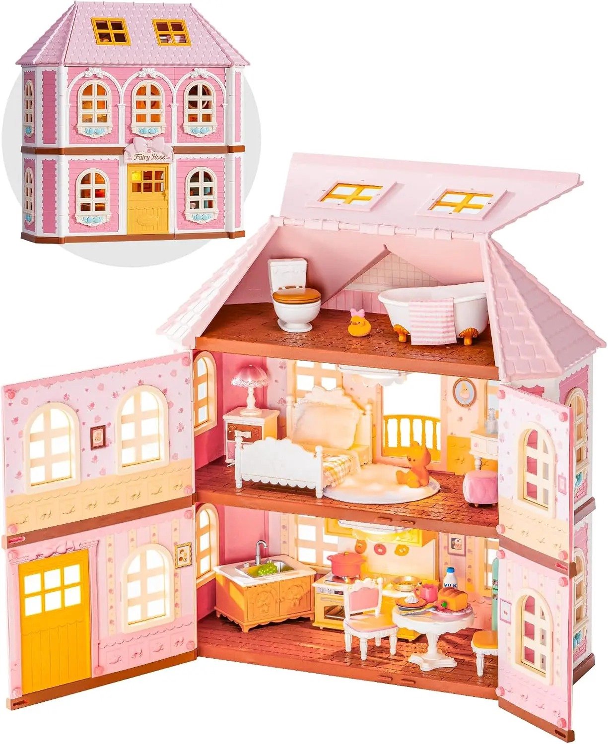Marqs Poppenhuis bouwset - miniatuur huisjes - Bouwpakket kinderen - Creatief speelgoed - 178 Delig - 34.5x16.9x35.9 cm - Met LED