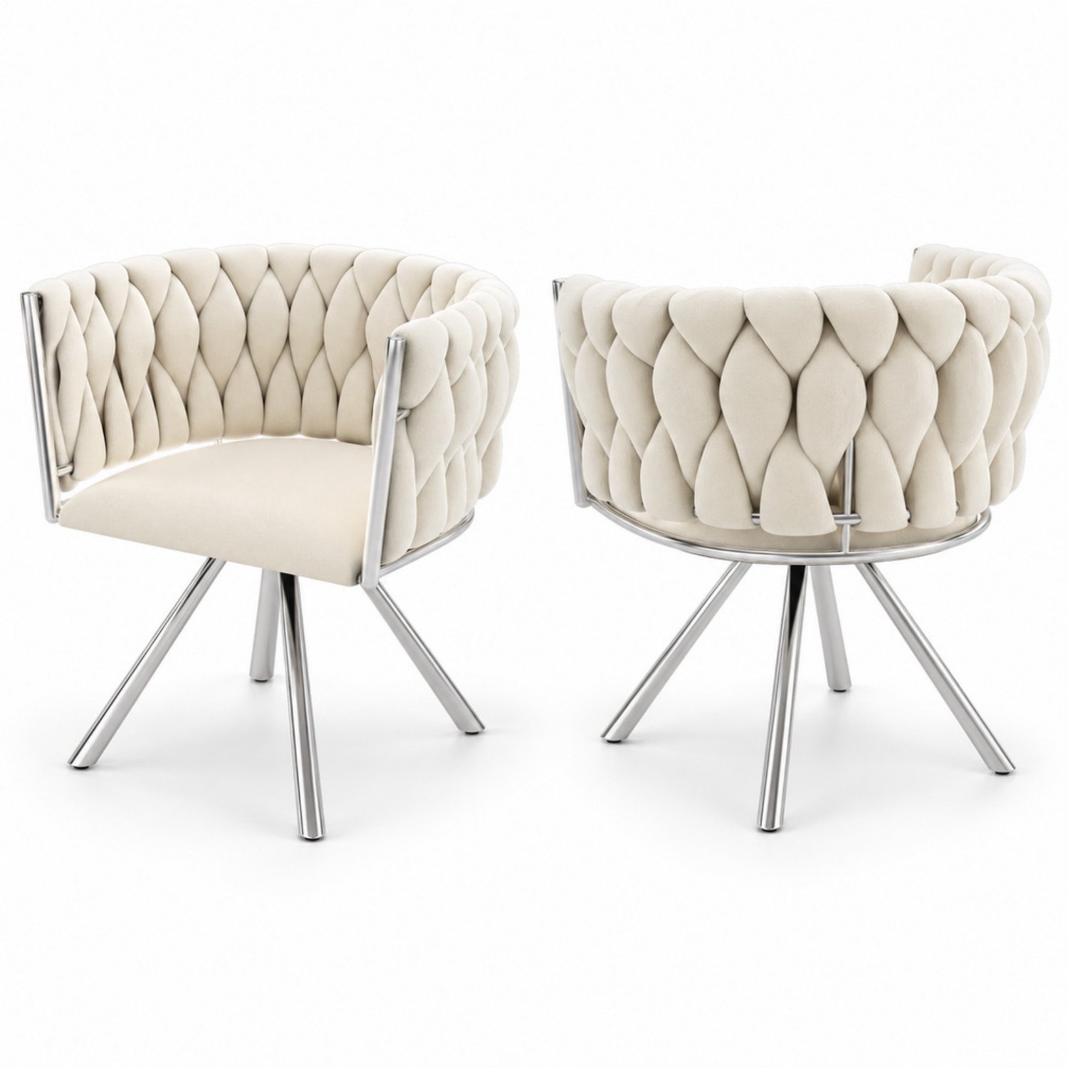 LONG DRAGON - Velvet eetkamerstoelen - Set van 2 - 360 graden draaibaar - Vier metalen poten - Voor woonkamer en slaapkamer - Beige + Zilver