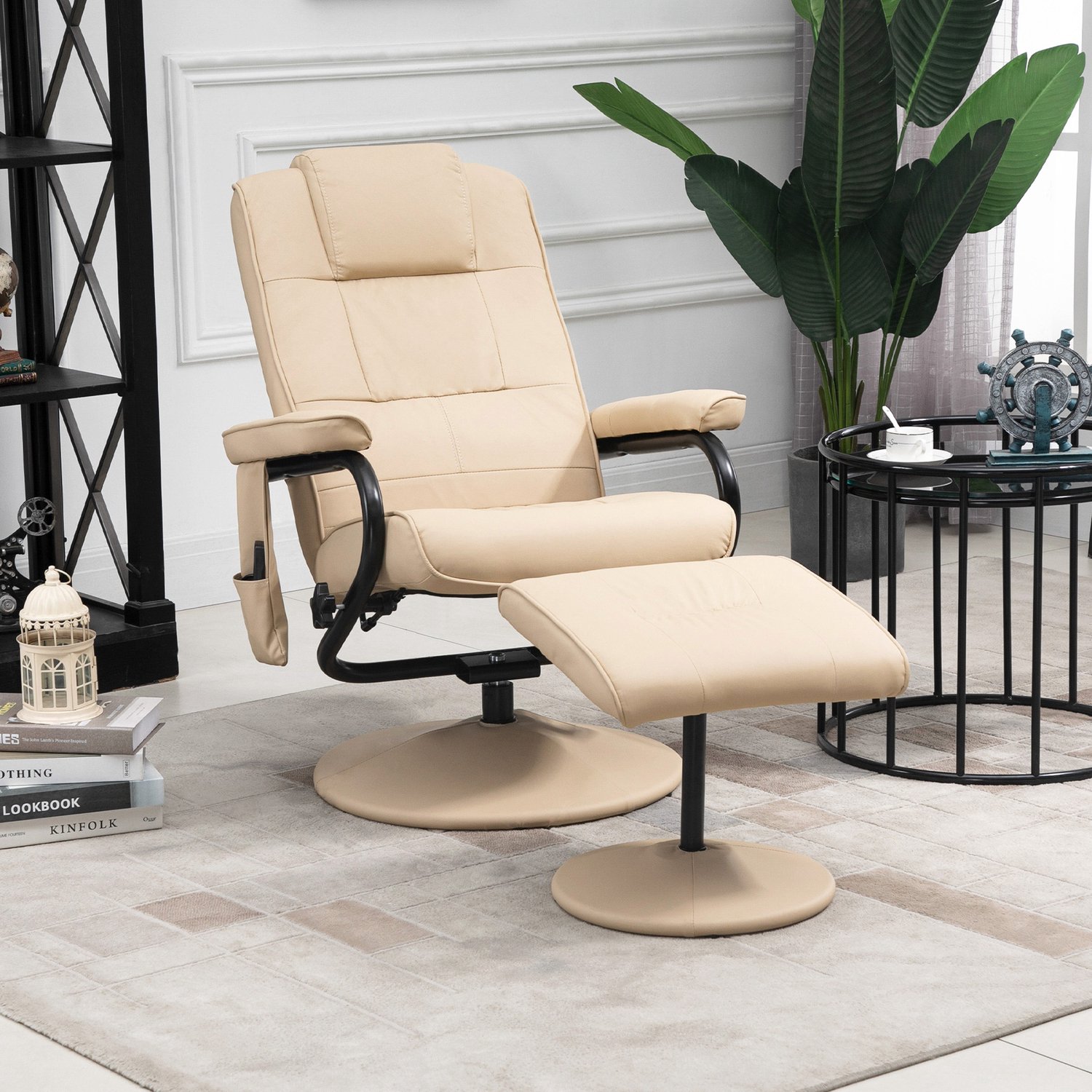 MIVRAY Relaxfauteuil 77 x 84 x 95 cm - Massage met 10 Punten en Verstelbare Rugleuning - Voor Woonkamer - Kunstleer en Metaal - Crèmewit