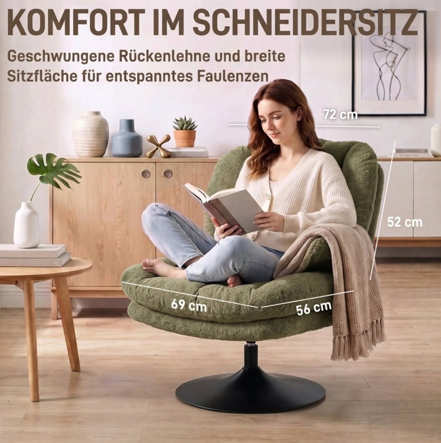 CHICFURN Fauteuil - 360 graden draaibaar - Met verstelbare voetenbank - Groen