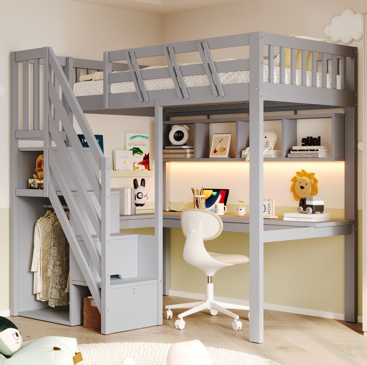 Wishdor Hoogslaper 90x200 cm - Met bureau en opbergtrap - Met LED-verlichting en stopcontacten - Voor kinder- en tienerkamer - Hout, multiplex en MDF - Grijs en wit