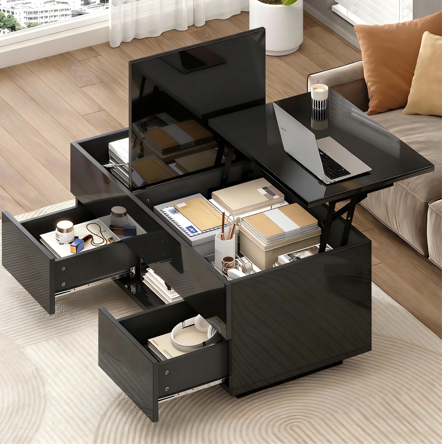 CHICFURN Salontafel - hoogte verstelbaar - opklapbaar - 2 lades - zwart