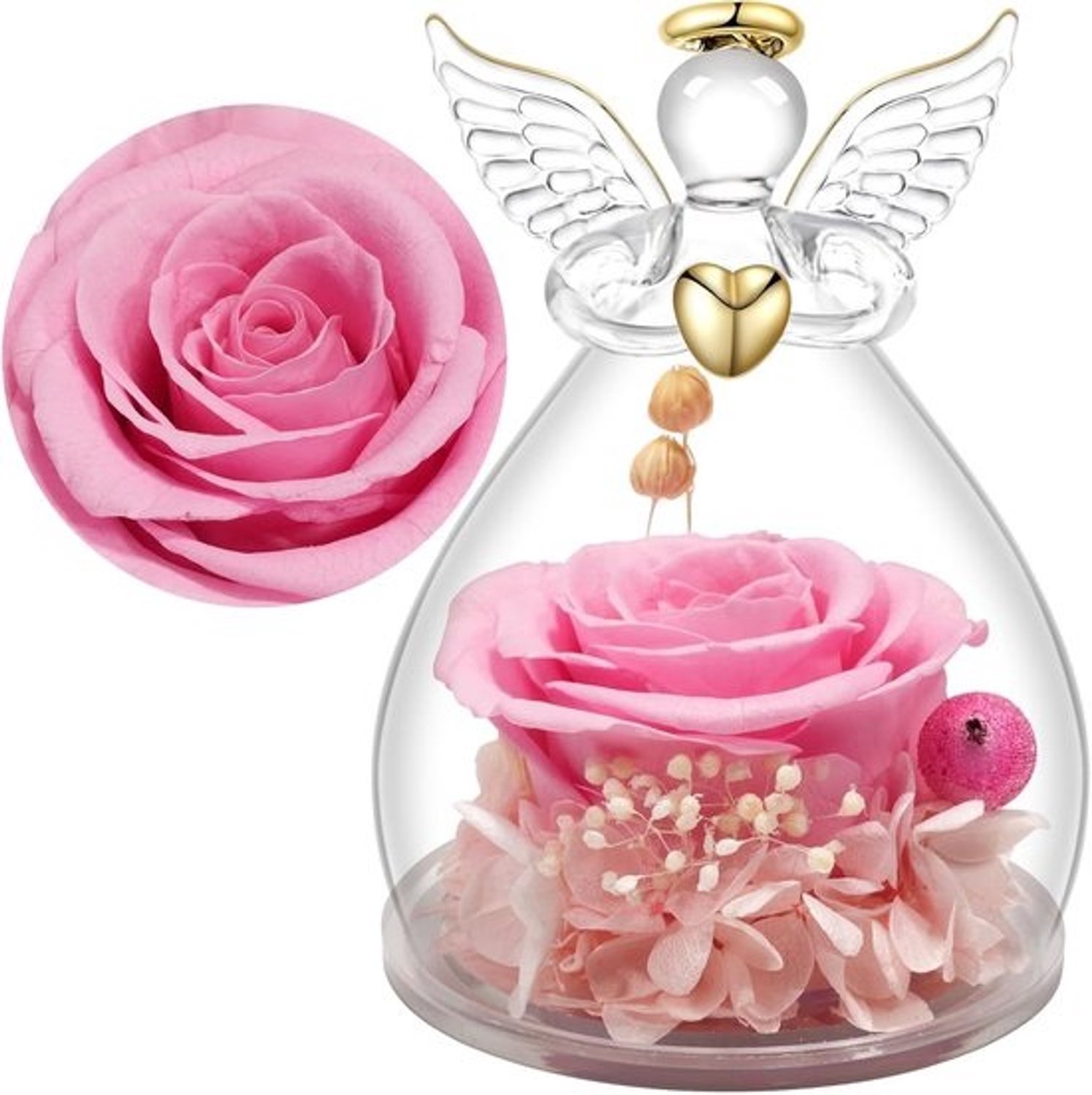 Eeuwige Roos - Geconserveerde Bloem - Geschenkidee - Glazen Engel Figuur - 7x7x10.5 cm - Roze