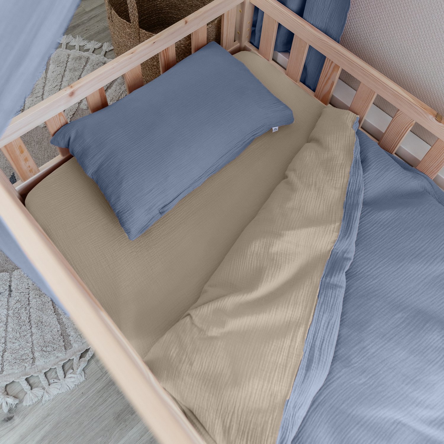 LILIMAUS Kinderdekbedovertrek 100 x 135 cm met kussensloop 40 x 60 cm - mousseline katoen - lichtbeige en blauw