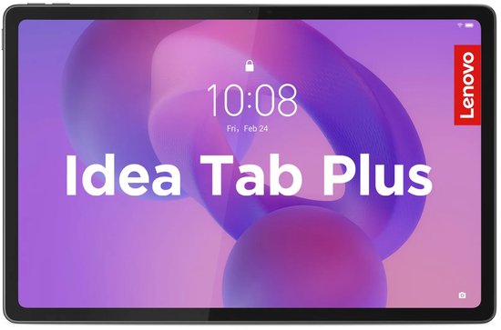 Lenovo Idea Tab Plus met een paars abstract achtergrondscherm met de tekst 'Idea Tab Plus'.