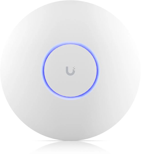 Rond, wit Ubiquiti UniFi 7 Pro toegangspunt met een blauwe cirkelvormige lichtring op de voorzijde.