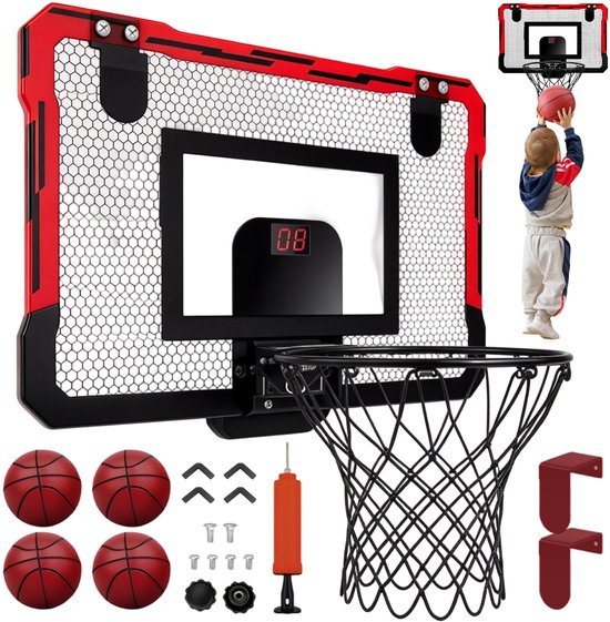Set met mini basketbalbord, 4 ballen, pomp, haken en montageonderdelen; kind werpt bal in de ring.