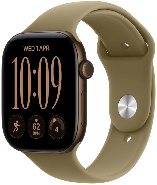 Zijaanzicht donkerbrons smartwatch, olijfgroene band met metalen sluiting, scherm toont tijd 10:09.