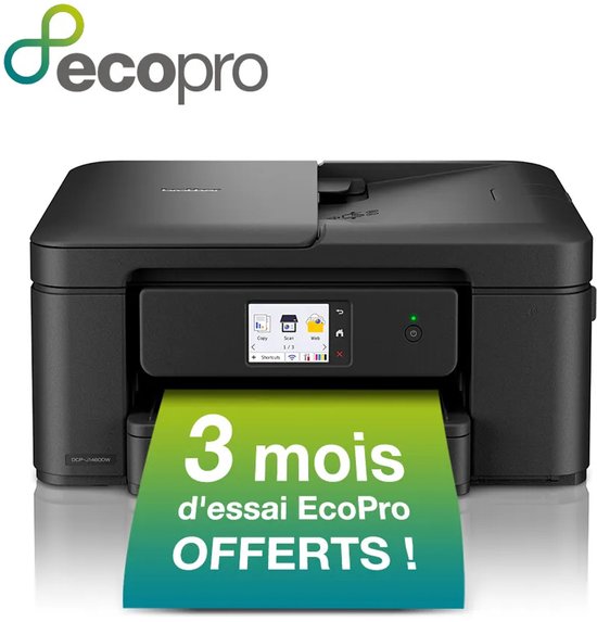 Zwarte Brother DCP-J1460DW printer met 3 maanden EcoPro gratis op een groen naar blauw verloopkaartje.