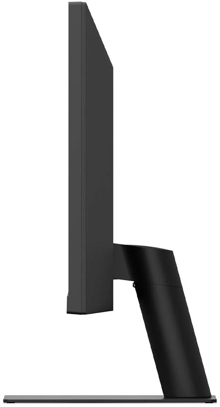 Zijaanzicht van de zwarte LG-monitor op een standaard.