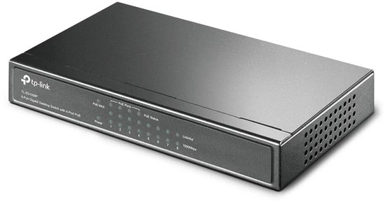 Grijze TP-Link TL-SG1008P 8-poorts Gigabit desktopswitch met PoE-statuslampjes.