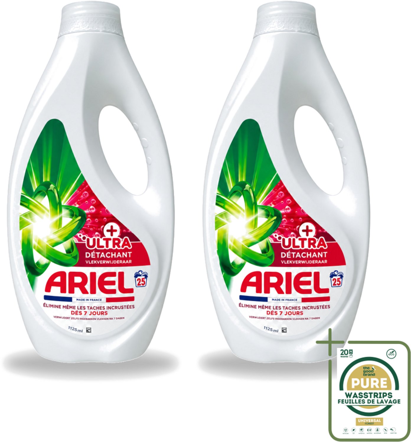 2 x Ariel – Vloeibaar Wasmiddel – Ultra Vlekverwijderaar – 1125 ml – 25 wasbeurten - Wasstrips - Vlekverwijderaar - Wasmiddel - Vloeibaar Wasmiddel - Krachtige Vlekverwijdering - Ingedroogde Vlekken