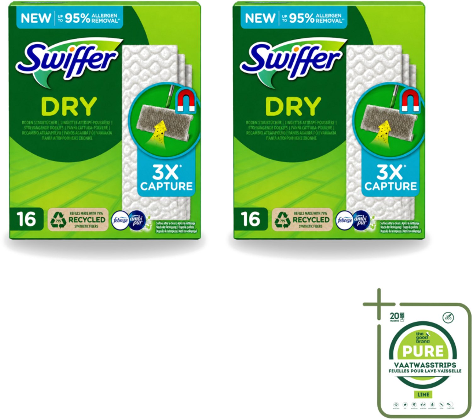 2 x Swiffer – Vloerdoekjes – Dry Navullingen – 16 doekjes - Grootverpakking - Vaatwasstrips - Vloerreiniger - Droge Doekjes - Stofzuiger - Haren Verwijderen - Vloer Reinigen