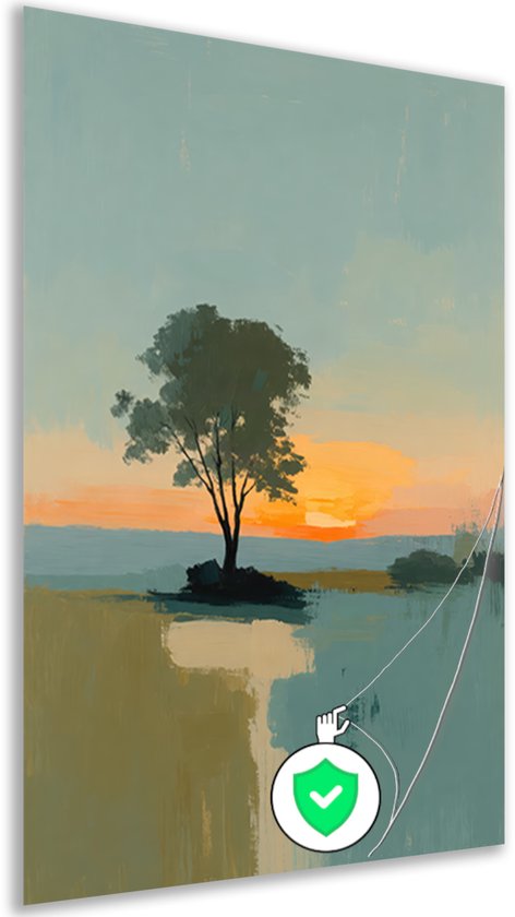 Affiche avec un arbre au coucher du soleil et une icône de bouclier vert indiquant la qualité.