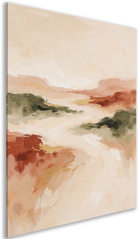 Zijaanzicht van een rechthoekig abstract schilderij met landschapsinvloeden in beige, groen en roestbruine tinten.