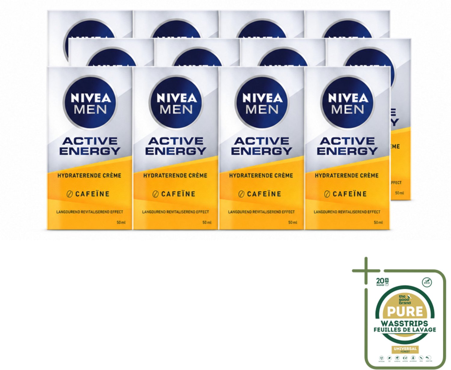 12 x NIVEA MEN - Active Energy - Gezichtscrème met Cafeïne - 50 ml - Wasstrips - Gezichtscreme Mannen - Energie Crème - Anti-vermoeidheid Crème - Anti-aging Crème - Cafeïne Crème