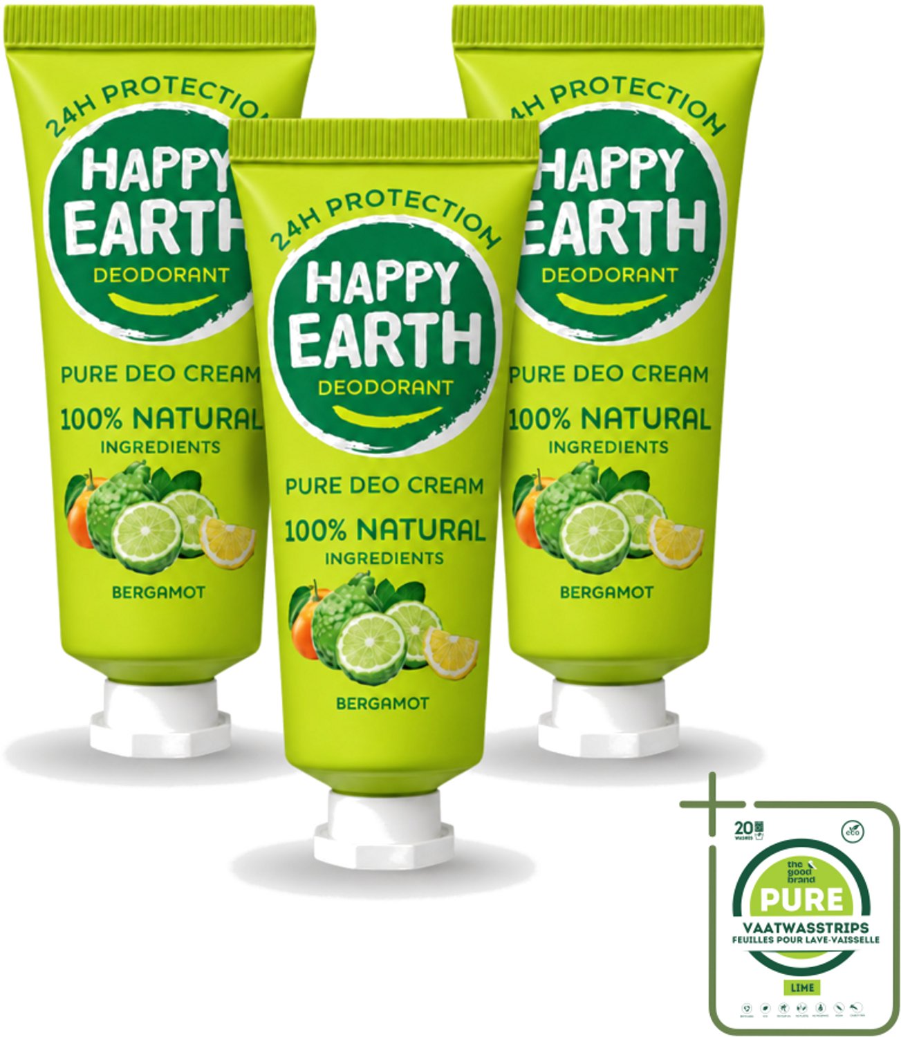 3 x Happy Earth – Deodorant Cream – 100% Natuurlijk Bergamot – 40 ml - Grootverpakking - Natuurlijke Deodorant - Bergamot Deodorant - Aluminiumvrije Deodorant - Vegan Deodorant - Huidvriendelijke Deodorant