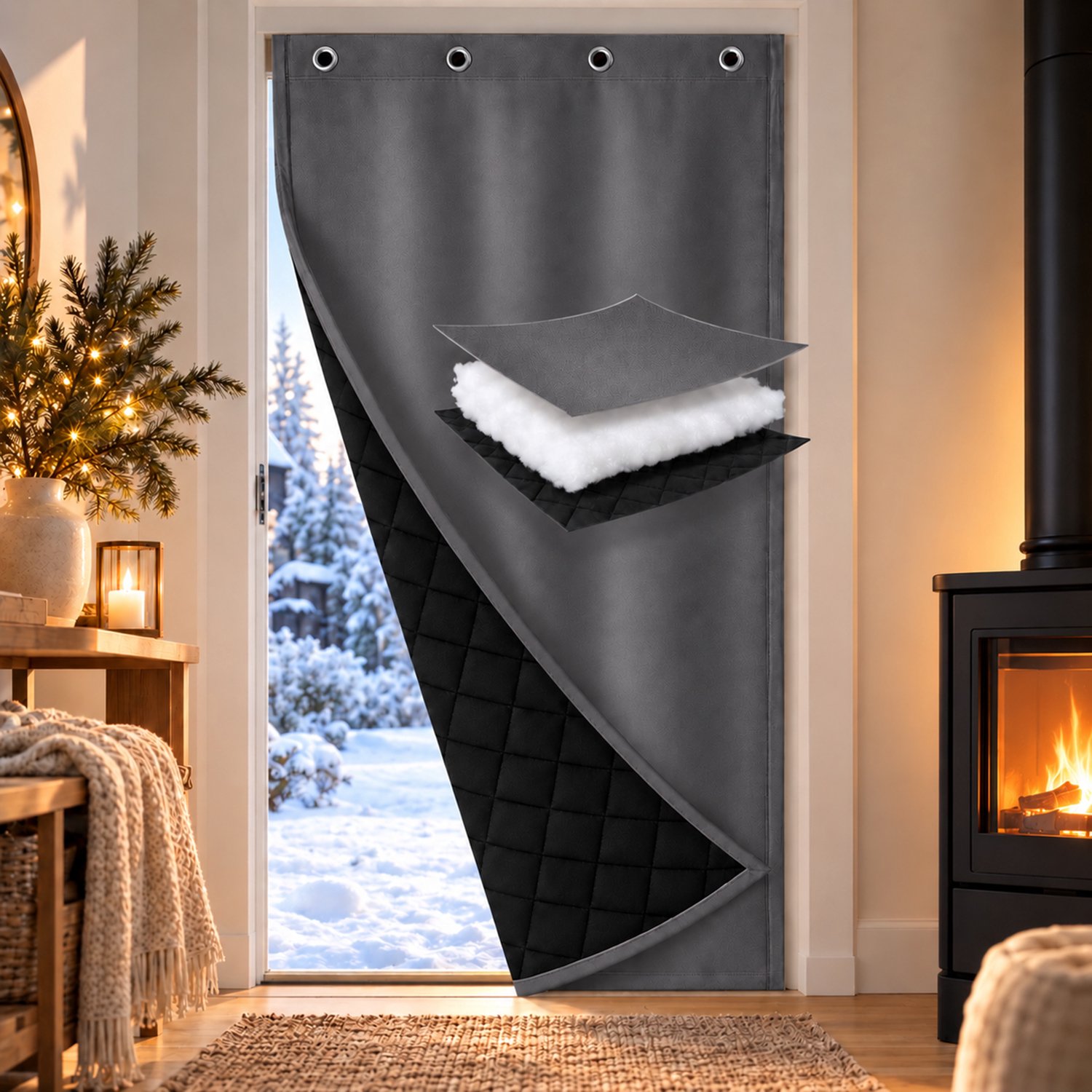 Qelus Warmtewerend Deurgordijn 1 Stuk - Donkergrijs - 82 x 204 cm - Gewatteerd Polyester 420 g/m² - Isolerend, Water- en Winddicht - Zelfklevend met Magic Tape en Haken - voor Huis, Garage, Winkel en Hal