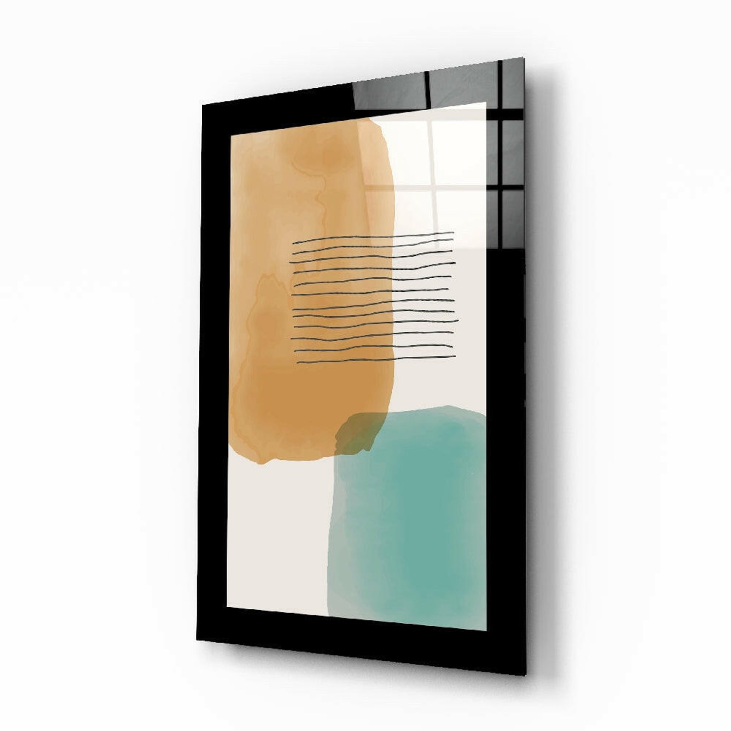 Glasschilderij – Oker-Turquoise Wassing met Strepen – Artistieke Wanddecoratie