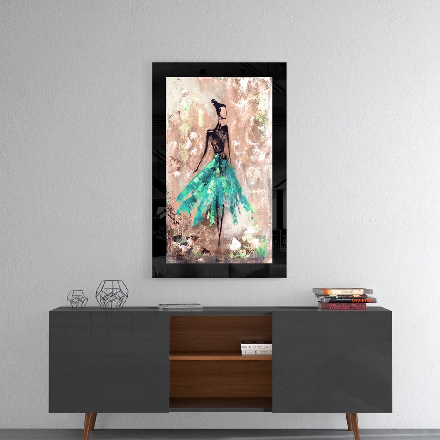 Glasschilderij – Abstracte Danseres met Turquoise Rok – Unieke Wandkunst