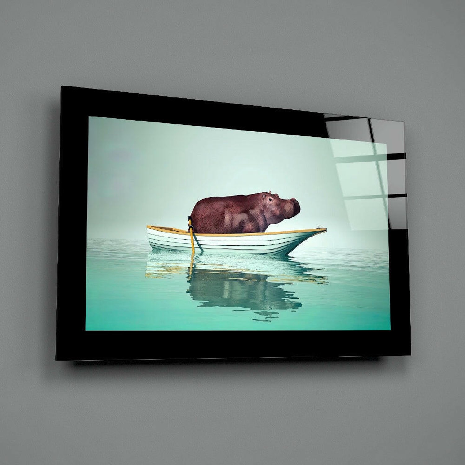 Insigne Art Glasschilderij – Nijlpaard in Roeiboot op Turquoise Zee – Stijlvolle Wanddecoratie Meerkleurig