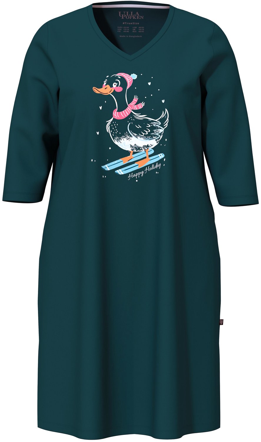 Ulla Popken Dames - Bigshirt eend op ski's V-hals 3/4-mouwen - Pijnboomgroen - Maat 46+