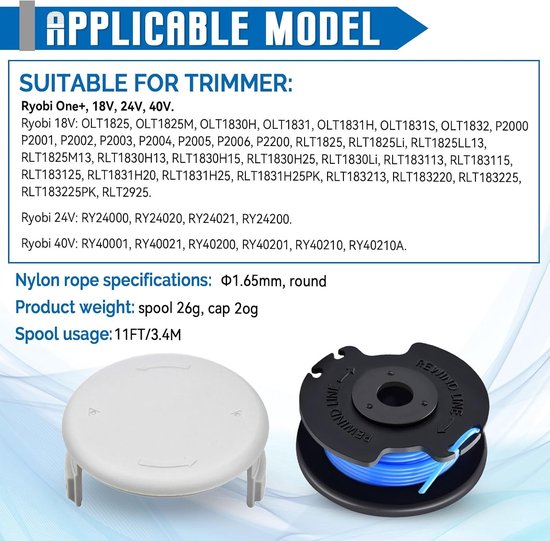Pack van 6 Vervangende Grastrimmer Spoelen met Autofeed Nylon Draad, Geschikt voor 18V, 24V en 40V Trimmers, Inclusief 2 Vervangende Caps, 1.65mm x 3.4m — afbeelding 2