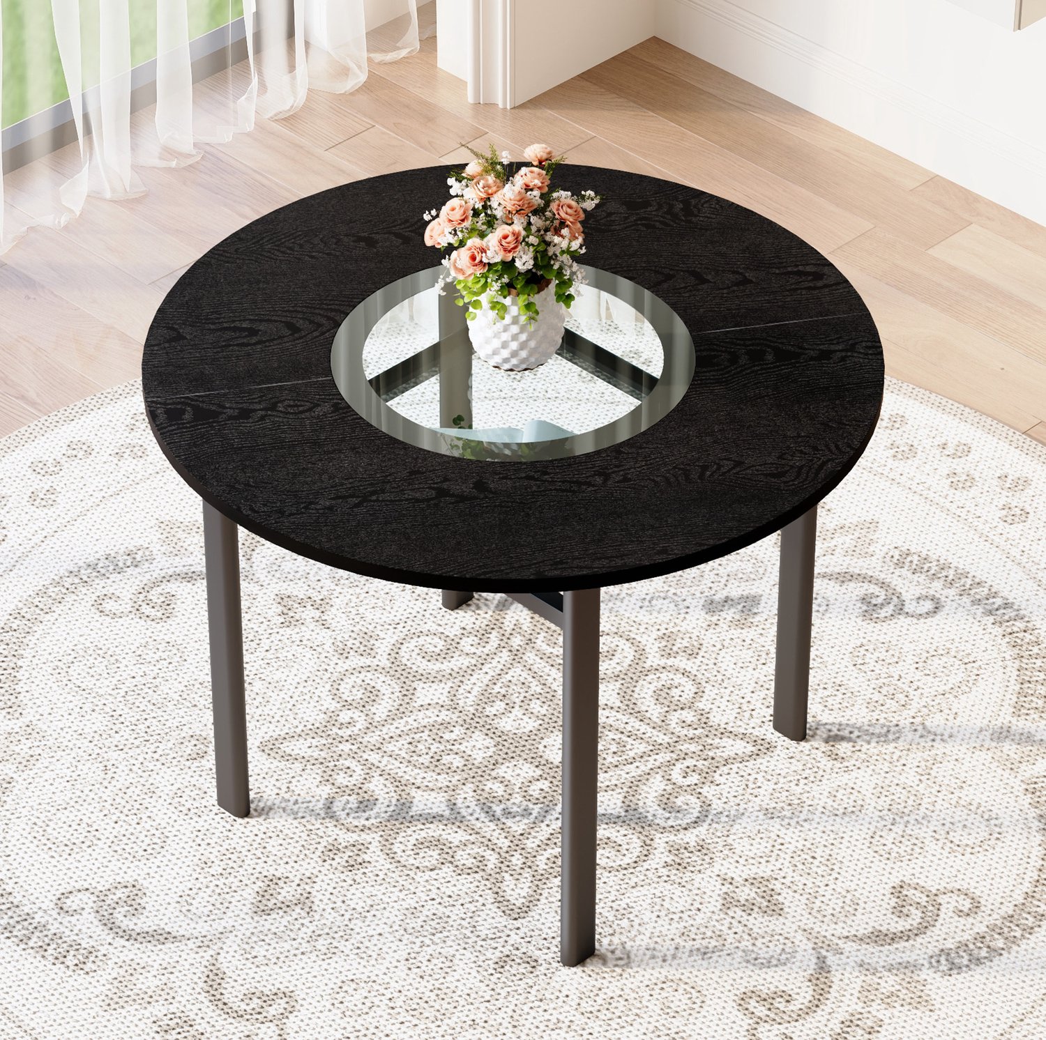 CHICFURN Eettafel - 2-4 personen - glazen inleg - metalen onderstel - zwart