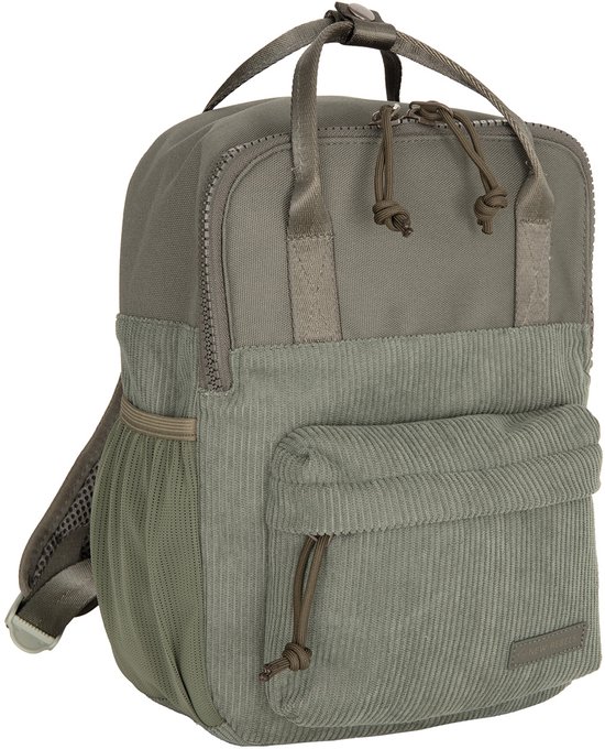 Saliegroene rugzak in ribfluweel en polyester, met voorvak, ritsen met koord en New Rebels-label.