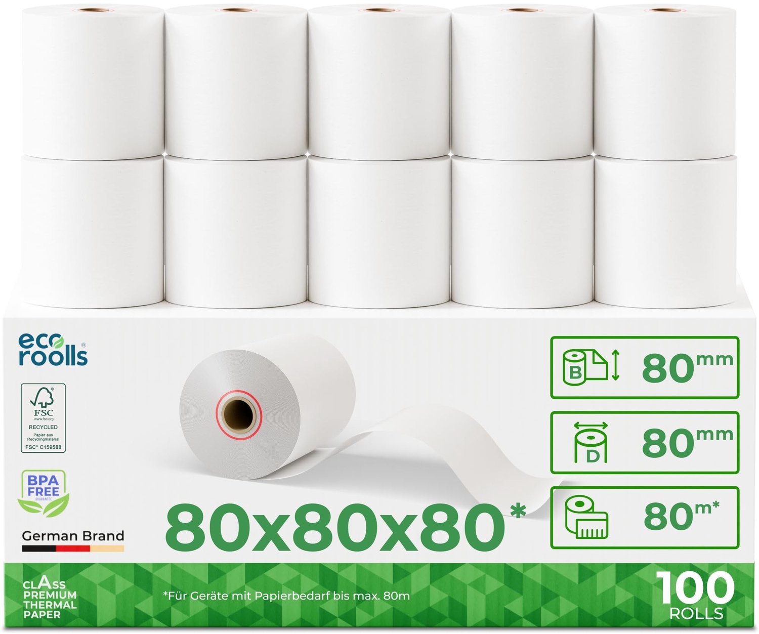 Thermische Kassa Rollen 80 mm x 80 mm, 100 Stuks, BPA Vrij
