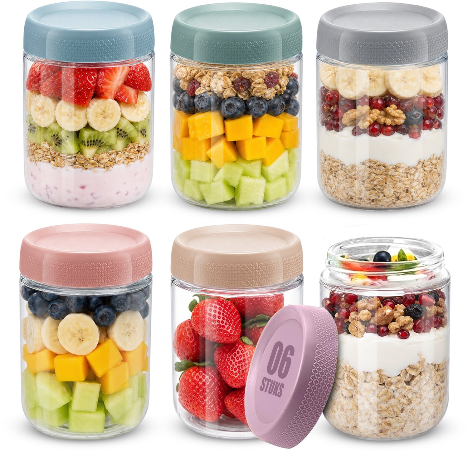 Nolad - Overnight Oats Potjes - Voorraadpotten - Set van 6 stuks - 4x450ml - Glazen Potjes met deksels - Mason Jar
