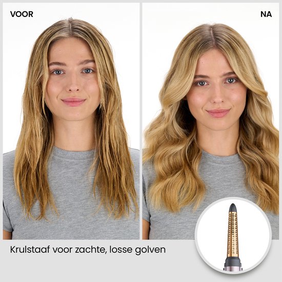 Model met voor en na haarstijl met zachte, losse golven dankzij de krulstaaf.