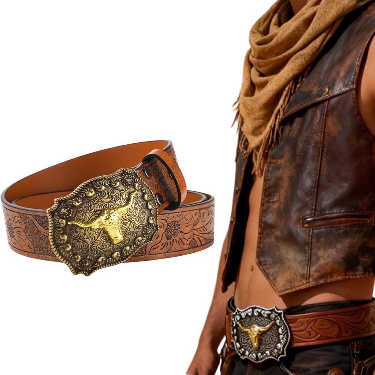 Vintage leren cowboyriem met reliëf van een langhoornstier voor heren, perfect voor jeans en westernmode, 1 stuk